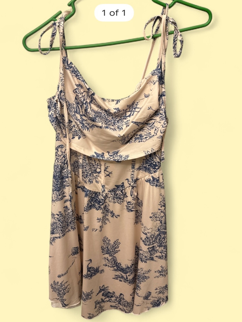 Beige and Navy Toile Cowl Neck Slip Dress